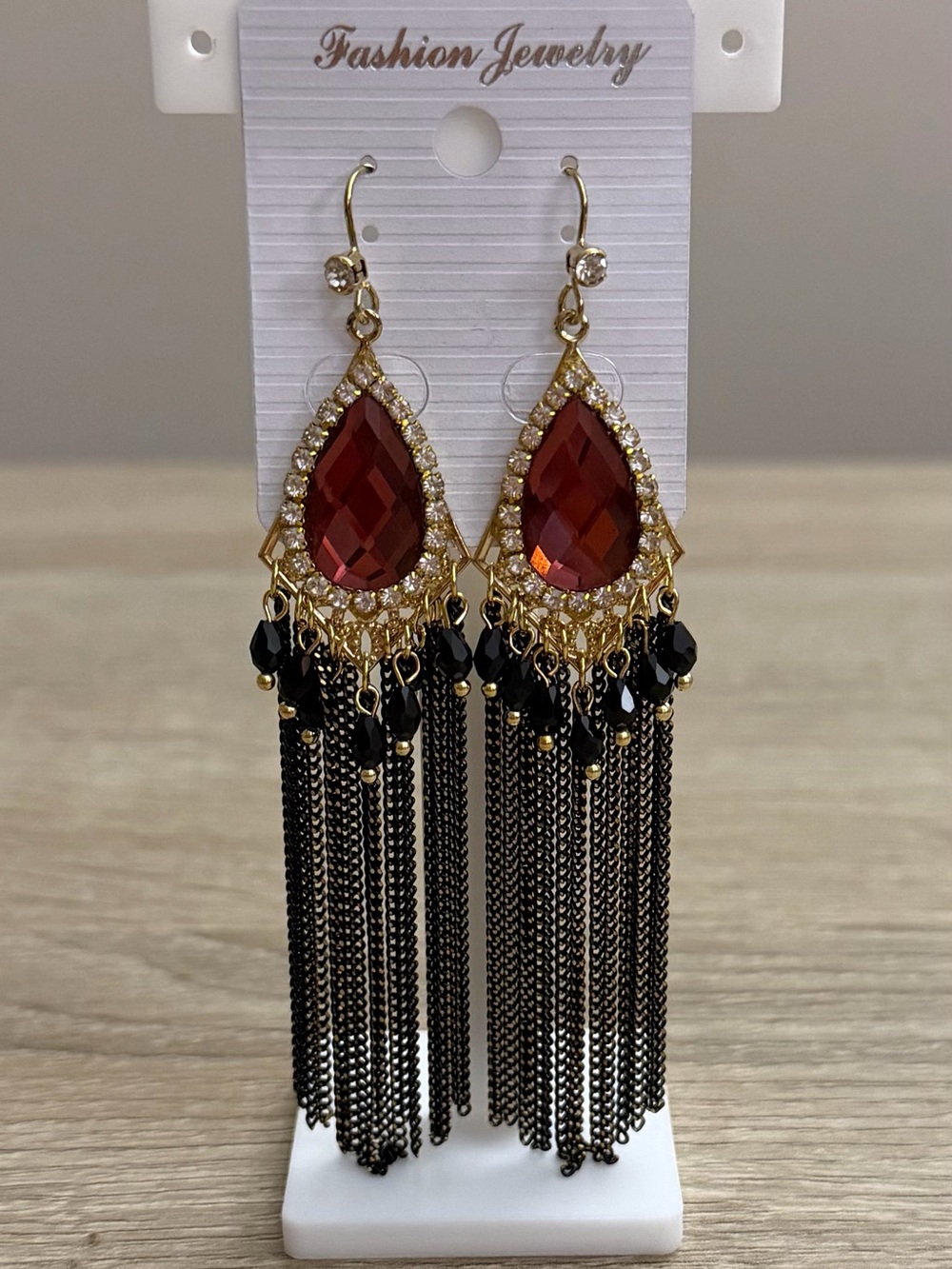 Burgundy Teardrop Fringe Statement Earrings NWT